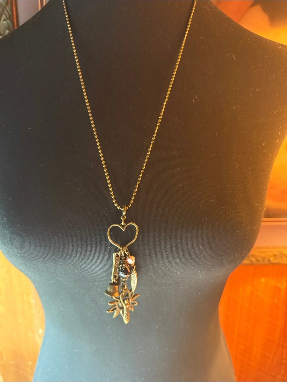 Bronze Sun goddess Charm 26” Necklace with Heart & 'Love' Tag